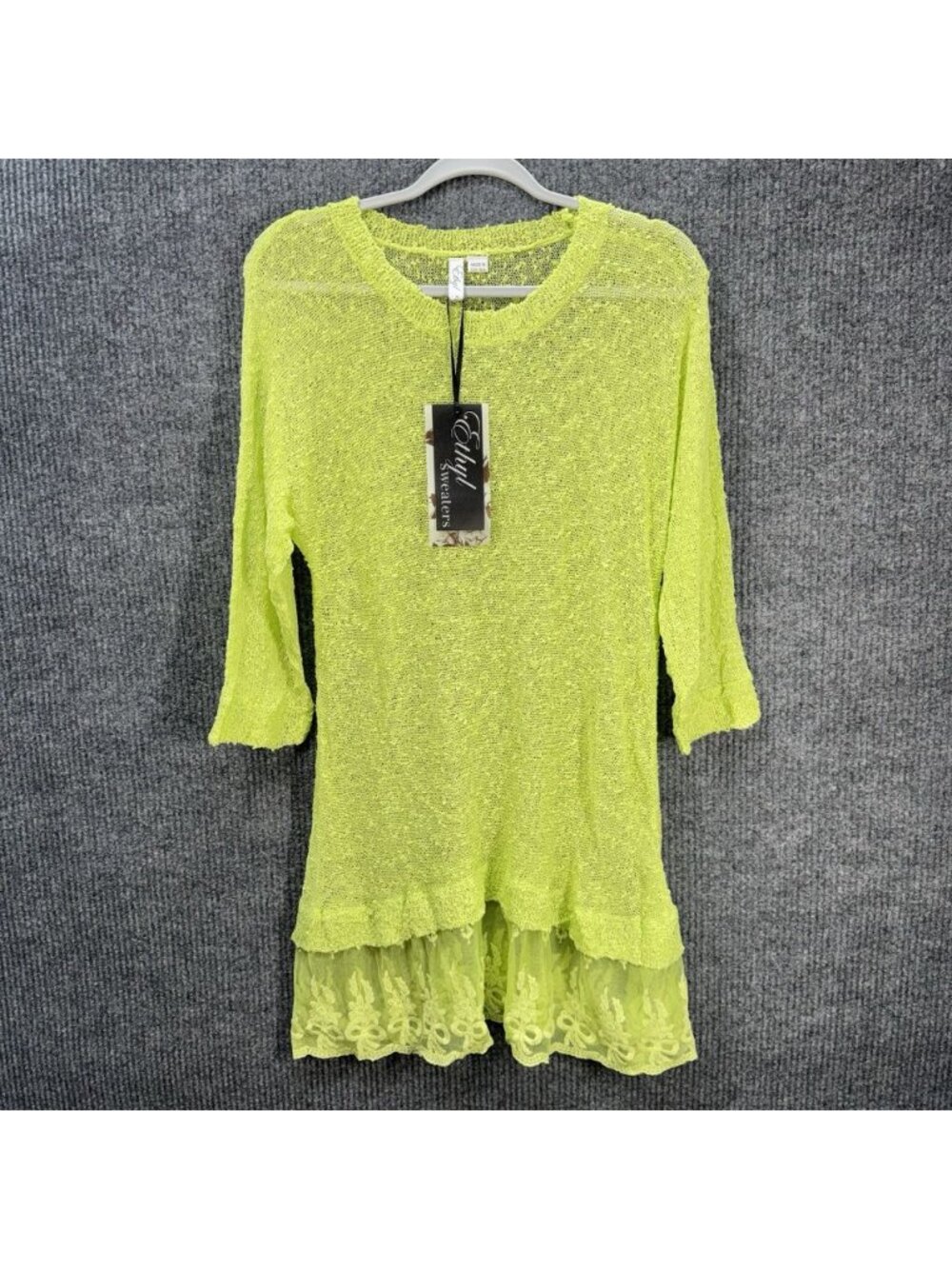 Ethyl Open Knit Tunic Womens Small Neon Green Yellow Layered Lace Hem 3/4 Sleeve